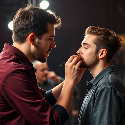 Image d'un maquilleur professionnel appliquant du maquillage sur un acteur avant le tournage.