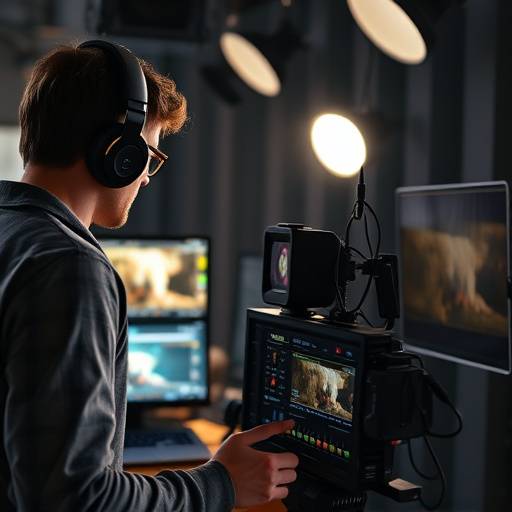 Image d'un monteur vidéo travaillant sur une station de montage professionnelle.