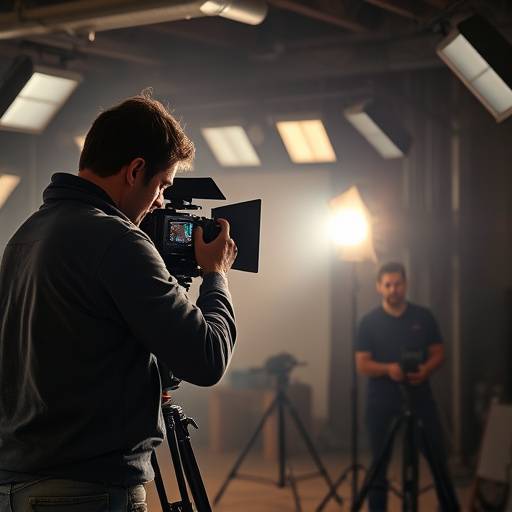 Un chef opérateur réglant l'éclairage sur un plateau de tournage, pendant un atelier de direction de la photographie.